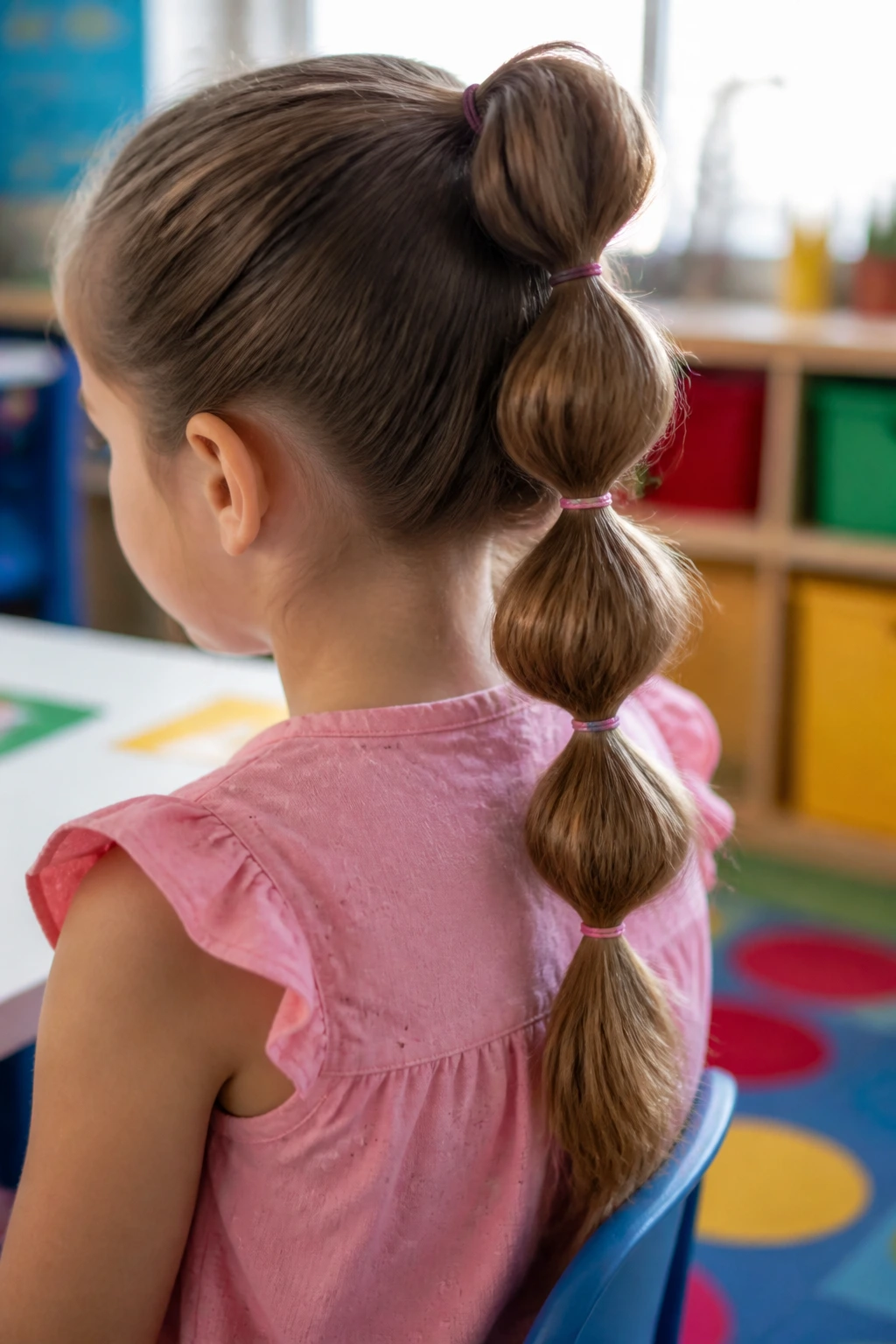 Close-up of a real girl with a bubble ponytail in a bright classroom