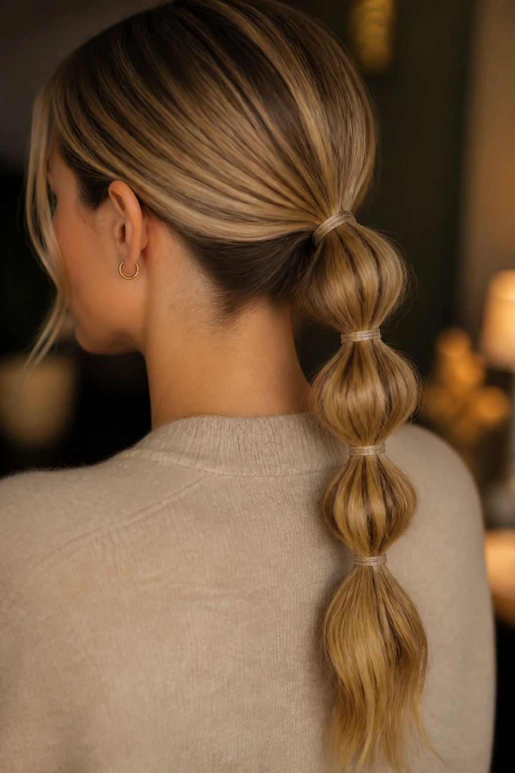 Close-up of a real woman with a bubble ponytail showing evenly spaced bubbles