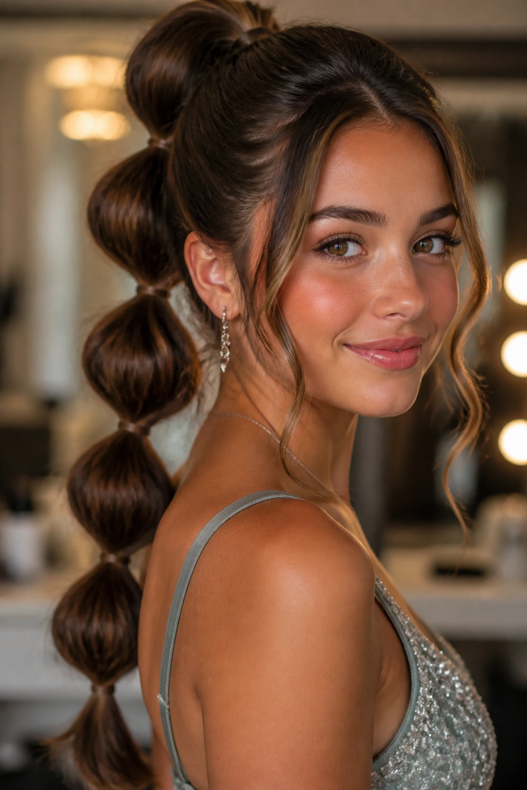 Portrait of a woman with a bubble ponytail and face-framing front pieces.