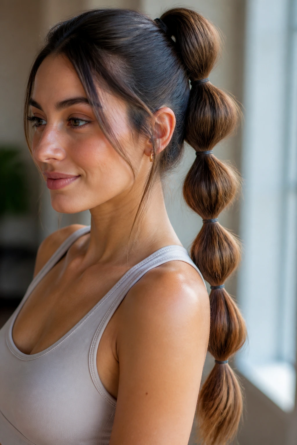 Close-up of a real woman showing a bubble ponytail with evenly spaced elastics