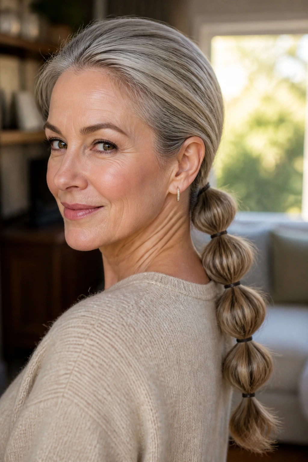 Close-up of a real woman with a bubble ponytail featuring evenly spaced bubbles.