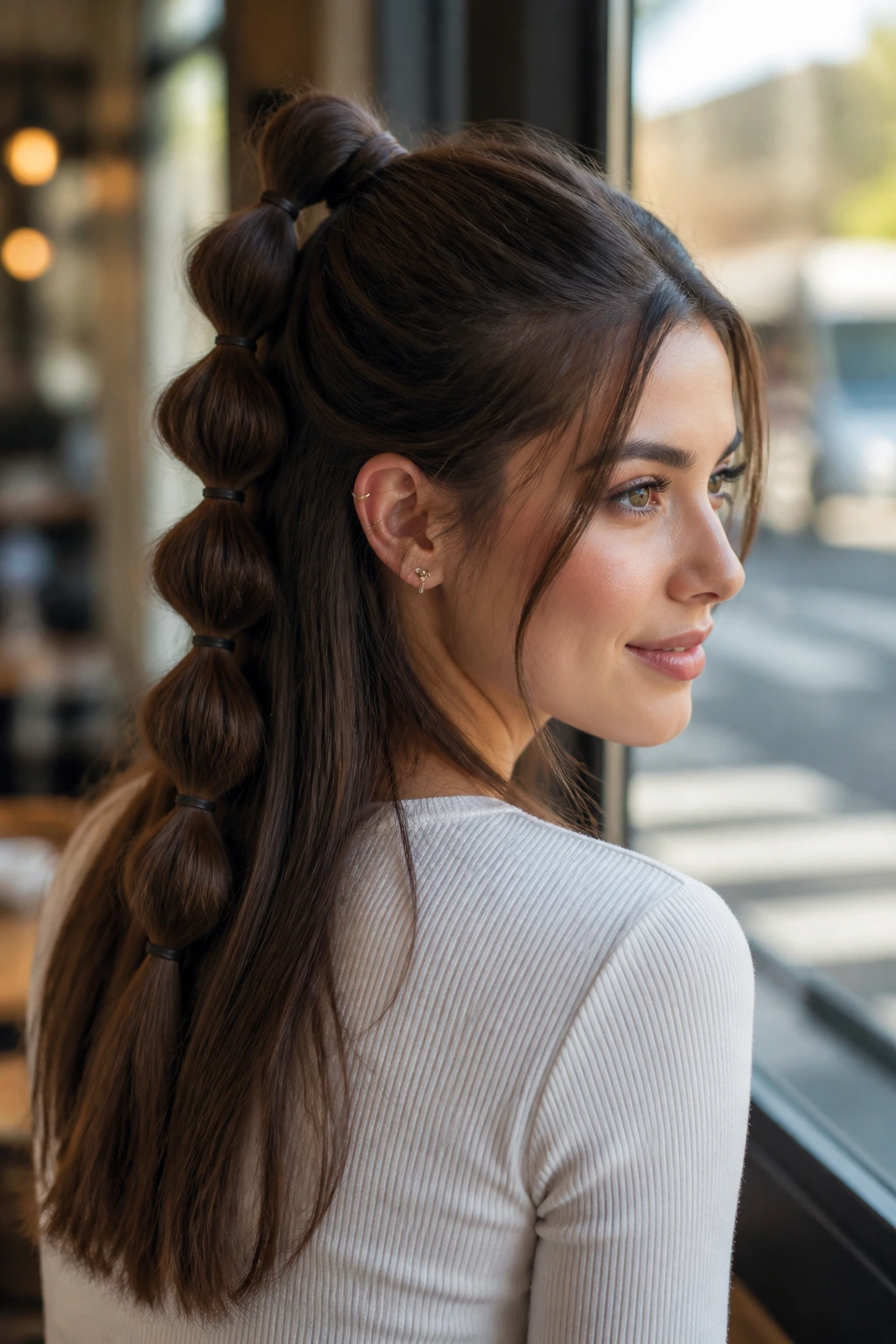 Close-up of a real woman with a bubble half-up ponytail and defined bubble sections.