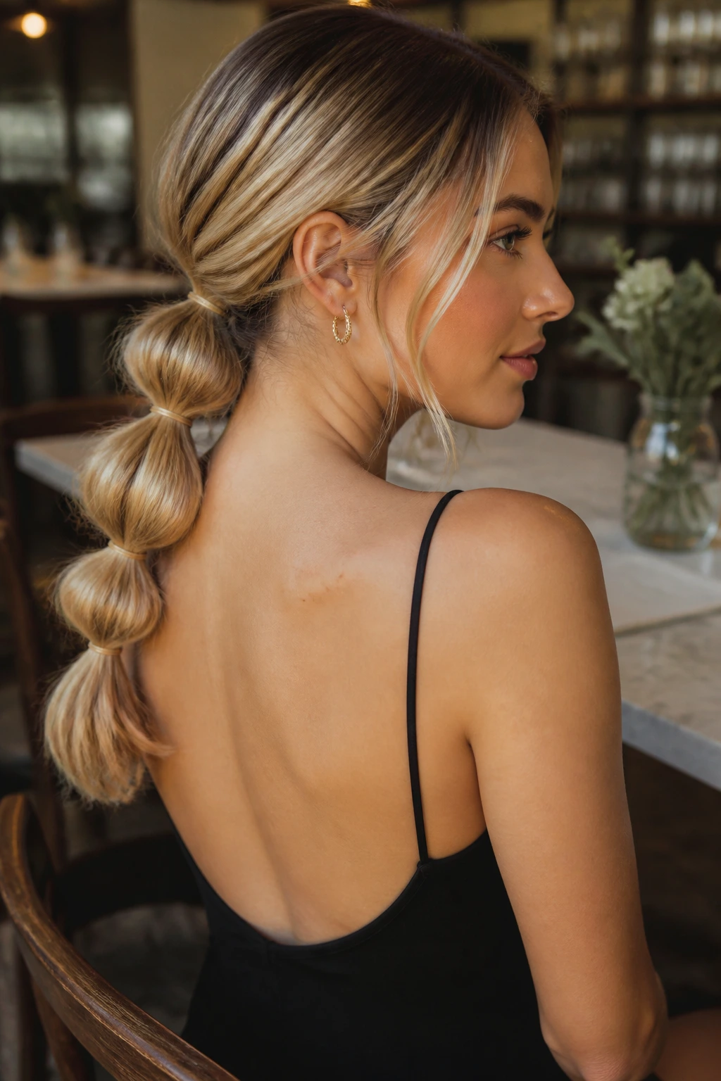 Three-quarter portrait of a woman with a bubble ponytail at the nape