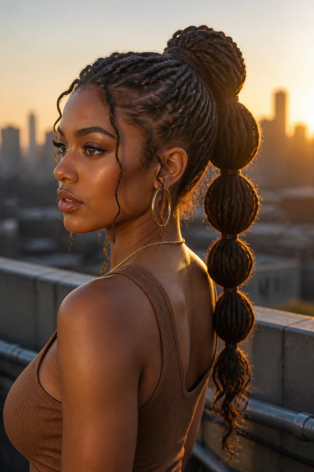 Close-up of a real woman with bubble ponytail goddess locs and segmented bubbles.