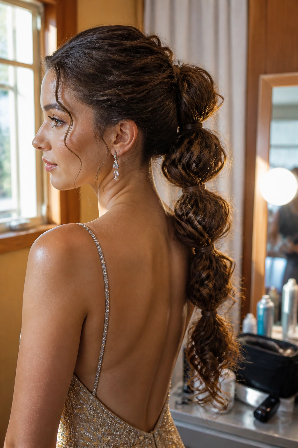 Close-up of a real woman with a bubble ponytail and long curls in backstage light