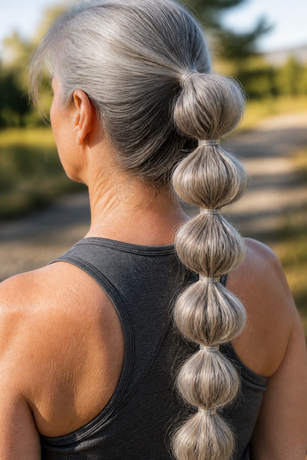 Back view of a woman with a stacked bubble ponytail on long gray hair outdoors.