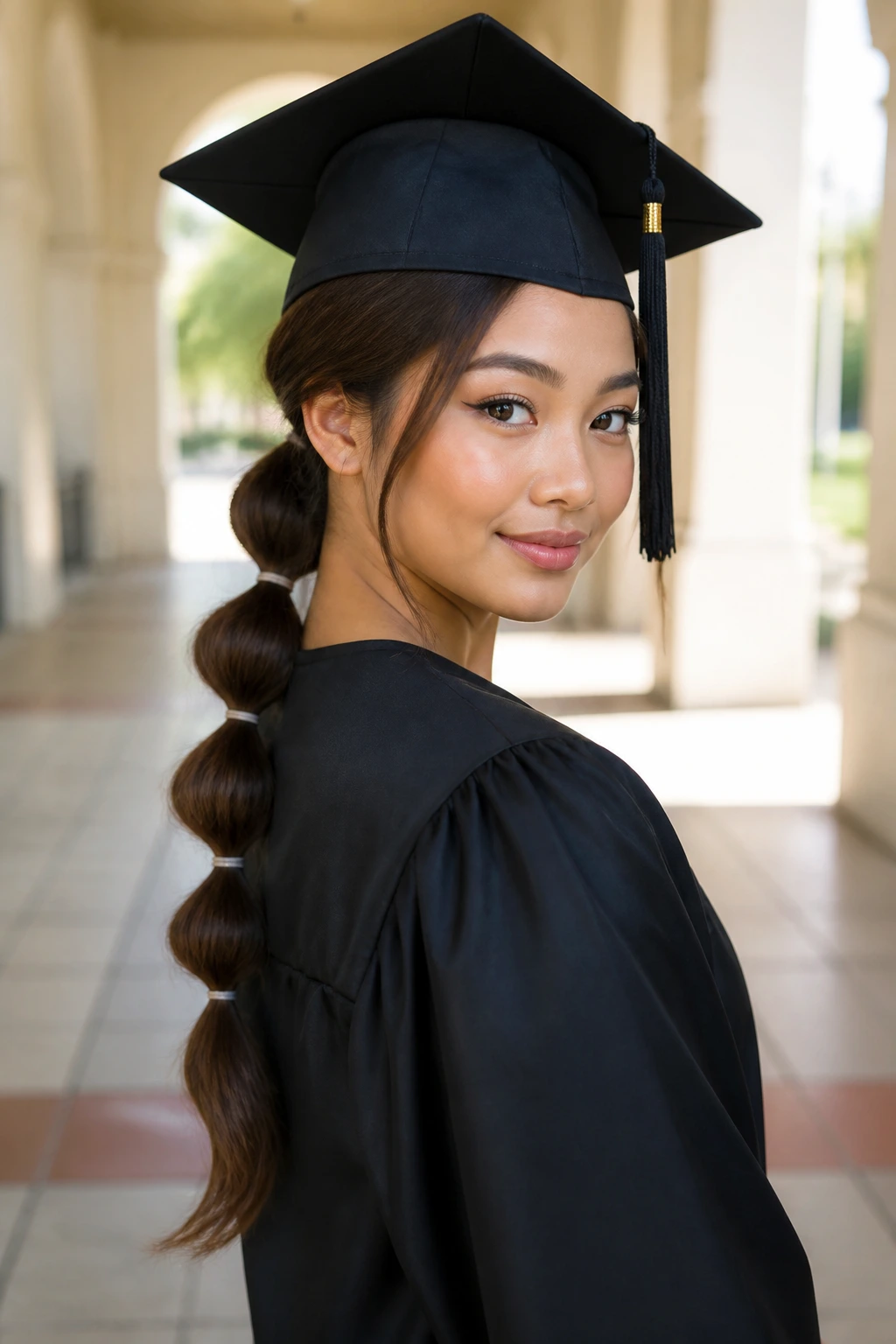 Close-up of a graduate with a bubble ponytail under a cap