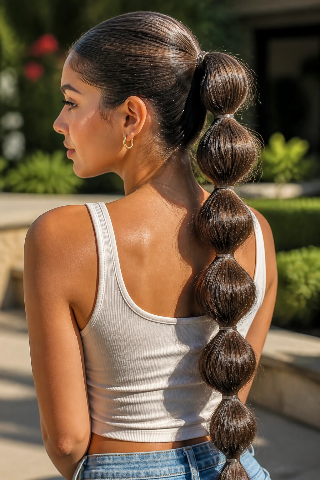 Real woman with long bubble ponytail and visible elastic bubbles in outdoor daylight