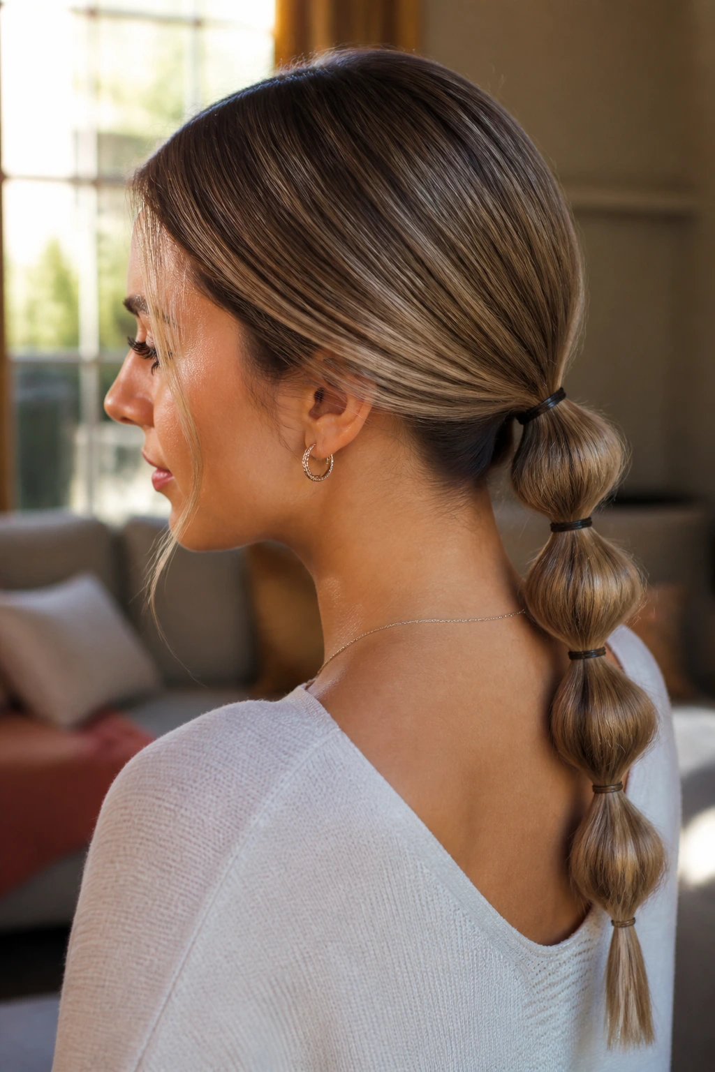 Portrait of a woman with a low bubble ponytail showing segmented bubbles.