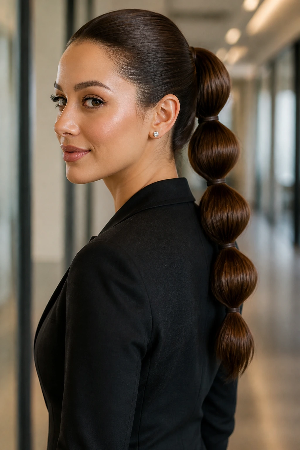 Portrait of a woman with a bubble ponytail in an office setting