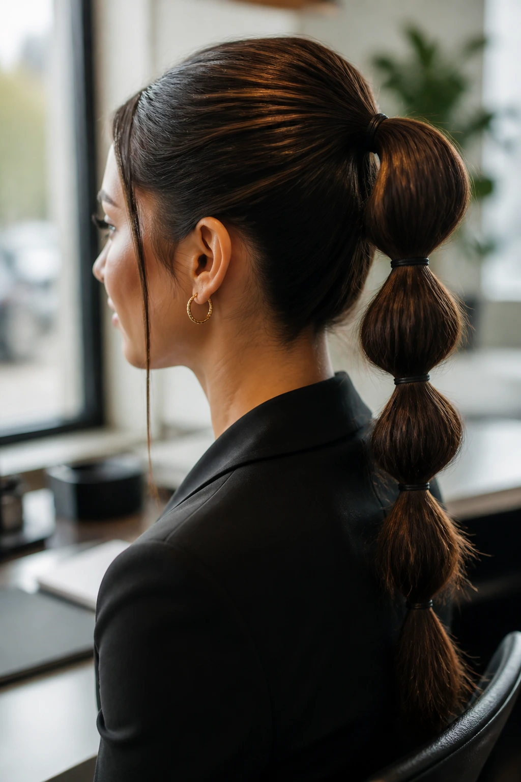 Close-up of a real woman with a bubble ponytail in an office