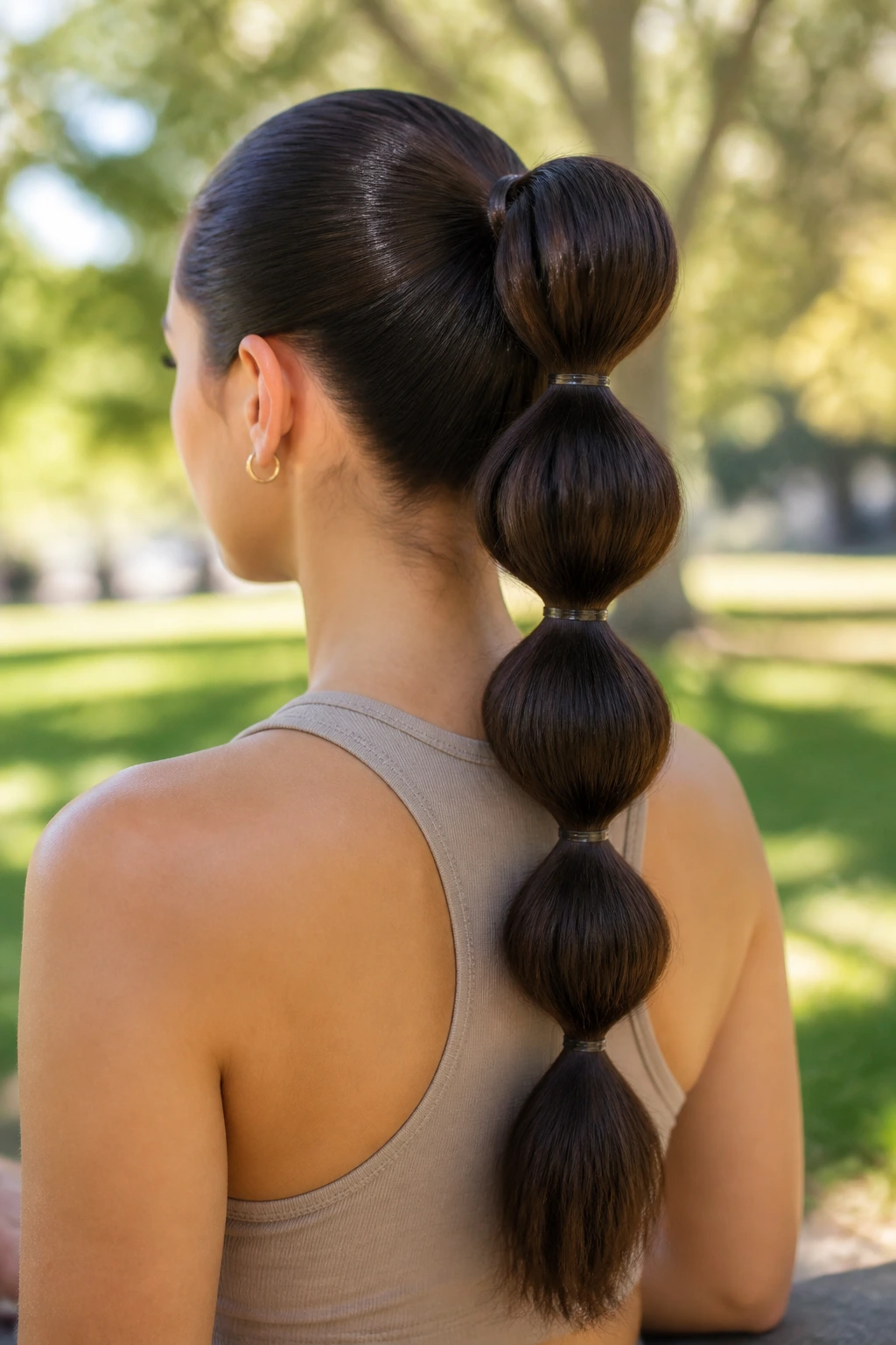 Back/three-quarter view of a real woman with a bubble ponytail in a park