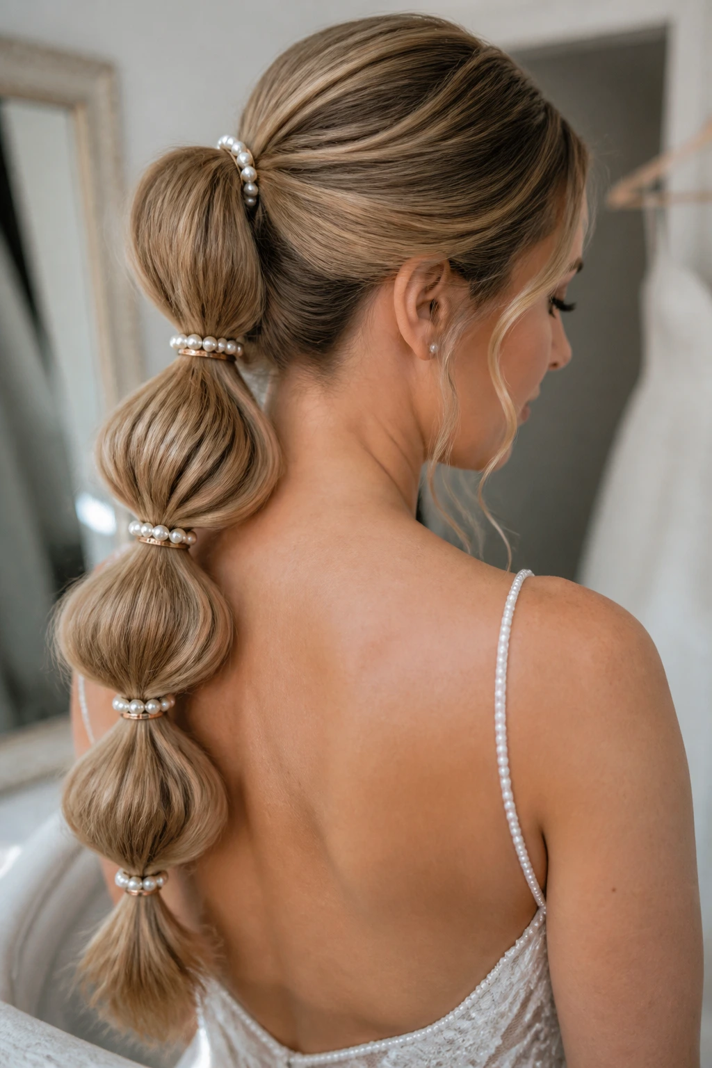 Close-up portrait of a real bride showing a bubble ponytail with pearl ties on medium-length hair