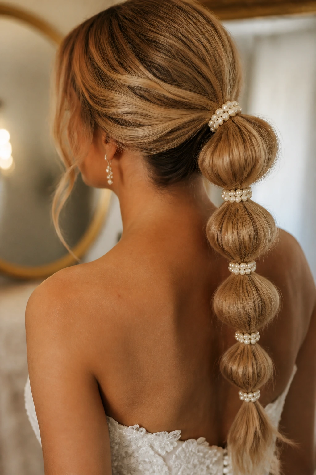 Bride with bubble ponytail and pearl ties