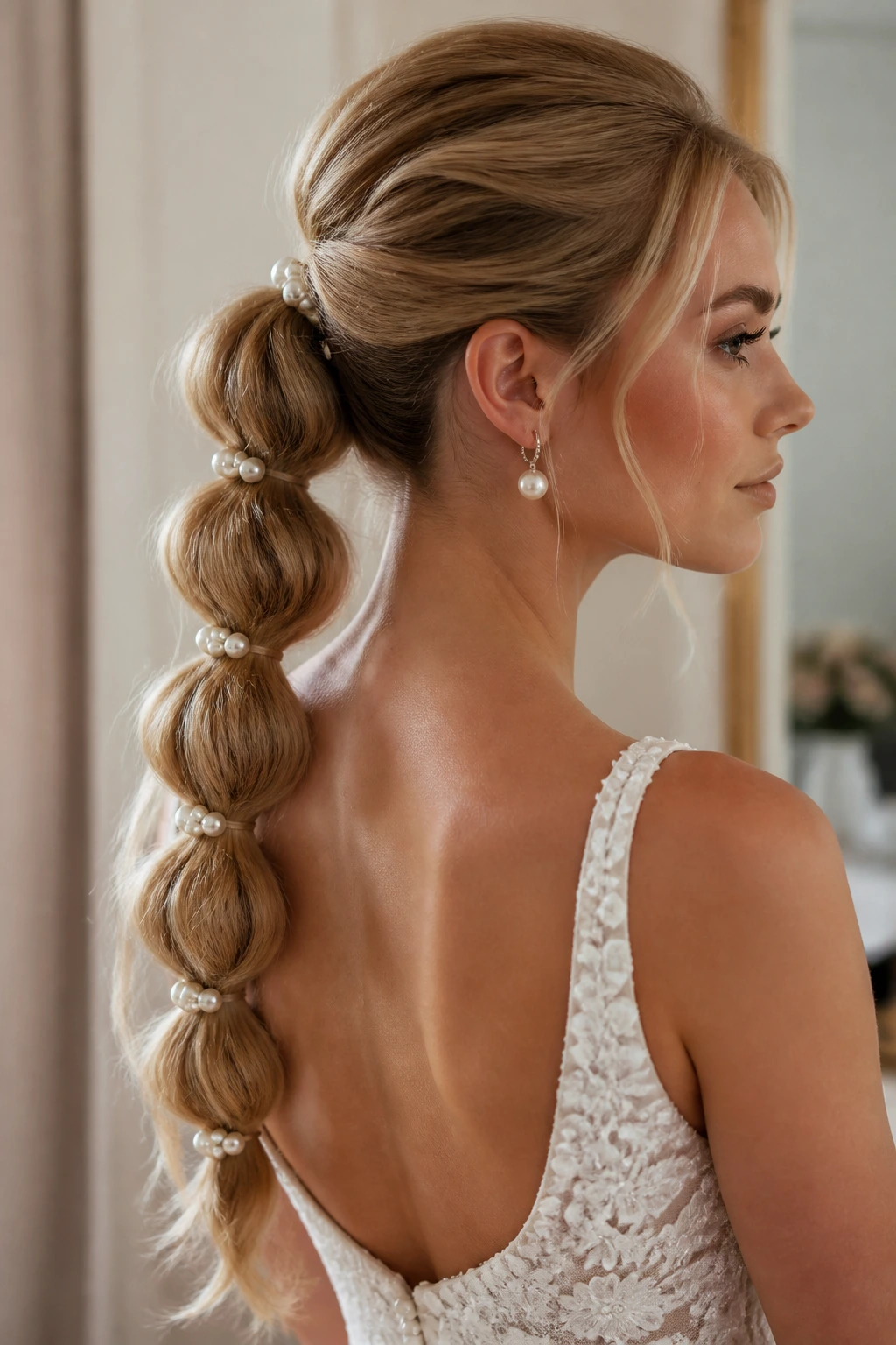 Bride with bubble ponytail and pearls on a real head