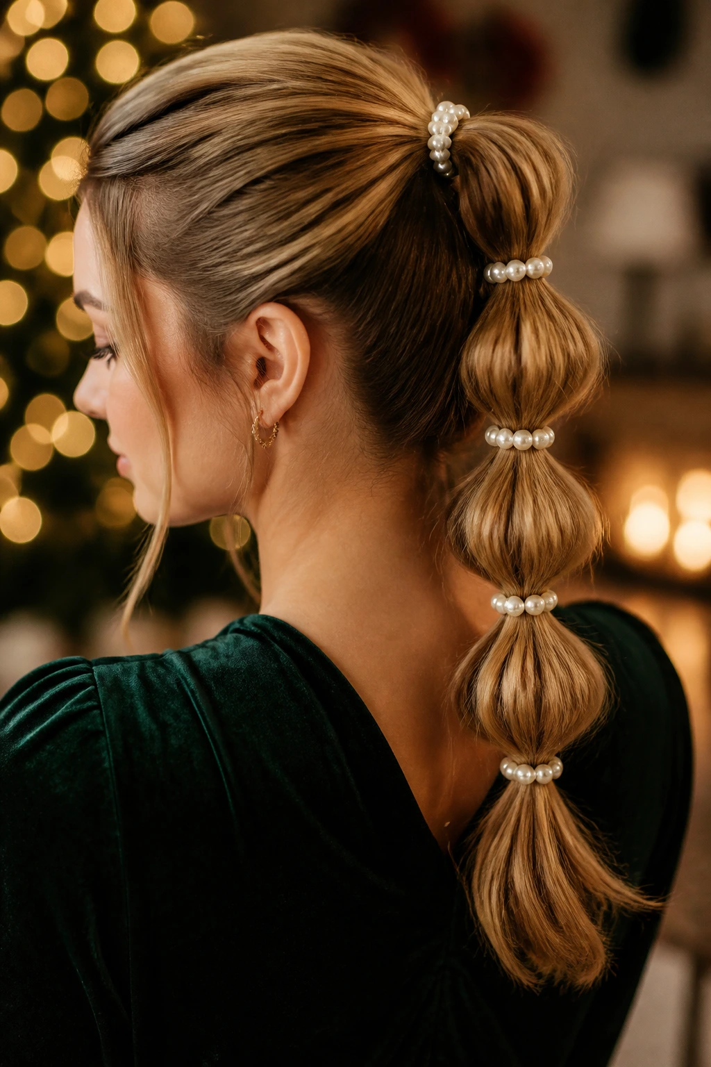 Real person with bubble ponytail featuring pearl ties