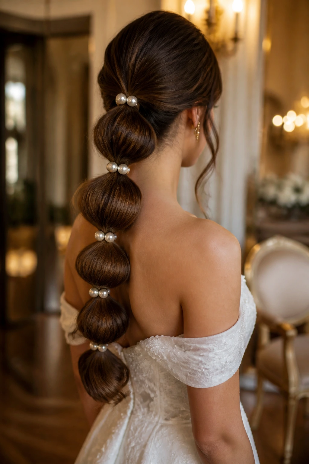 Three-quarter rear view of bubble ponytail with pearl pins on real bride