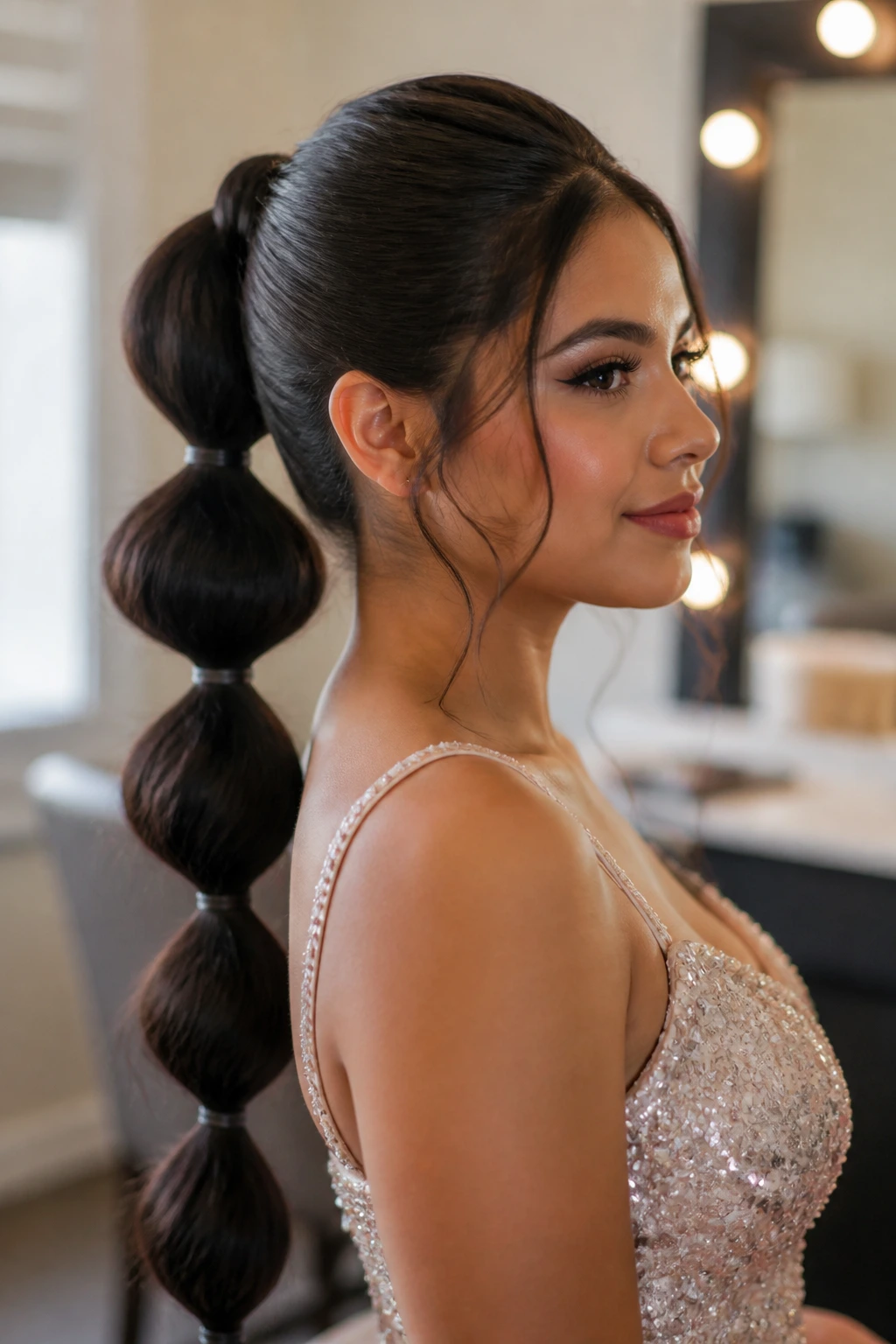 Close-up portrait of a real woman with a Bubble Ponytail With a Polished Crown.