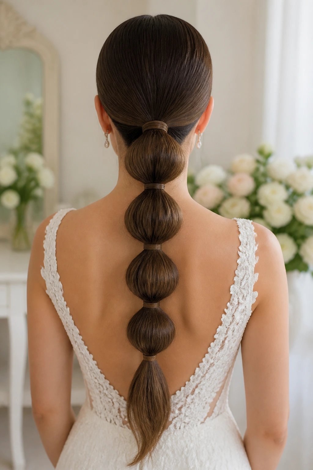 Back view of a real woman with a bubble ponytail and polished crown