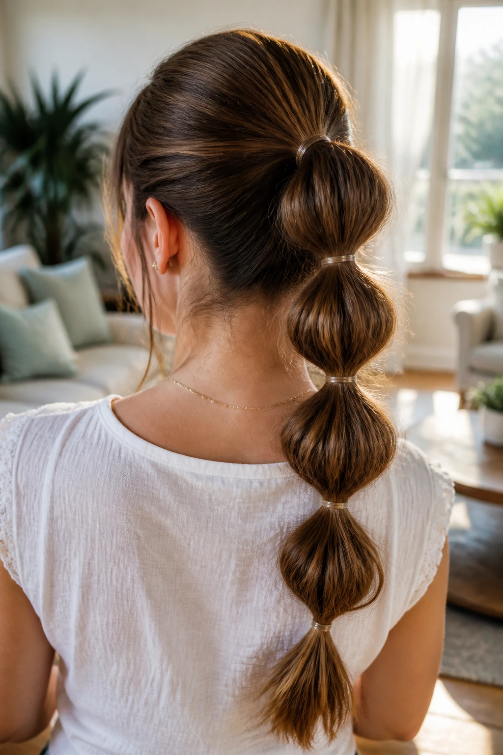 Back view of a real woman with a bubble ponytail showing segmented bubbles