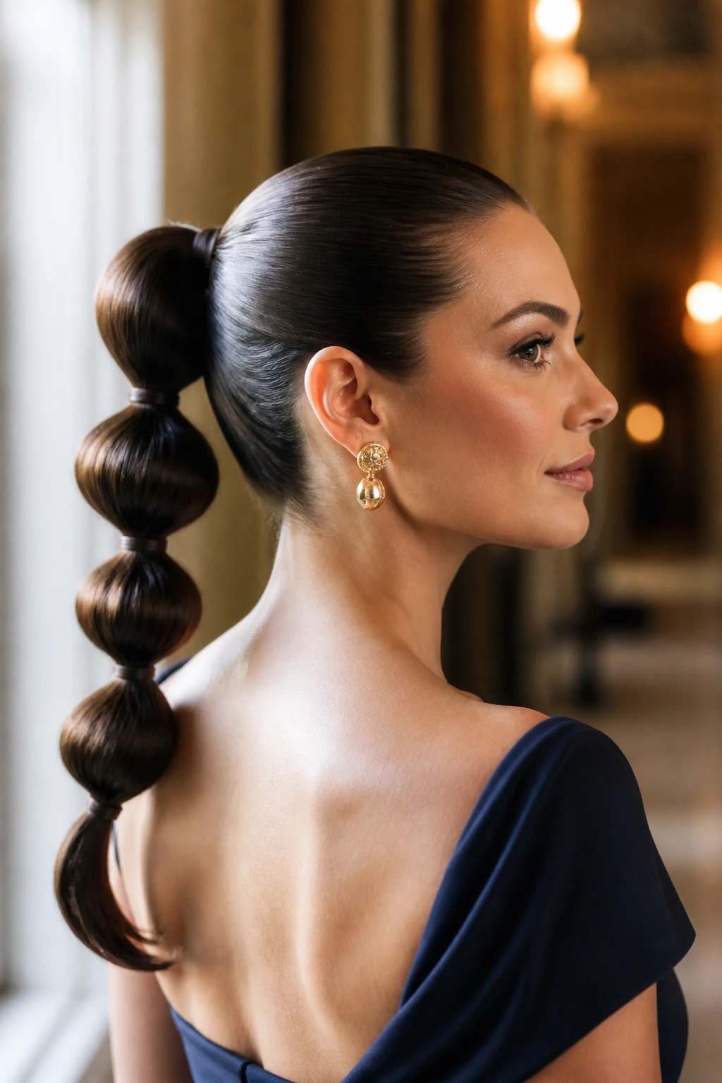Close-up of a real woman with a bubble ponytail and satin finish
