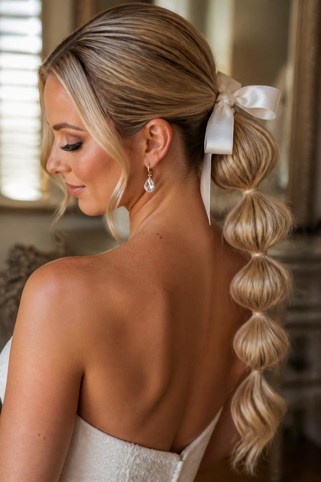 Close-up of a bride with a bubble ponytail and satin bow in soft bridal lighting