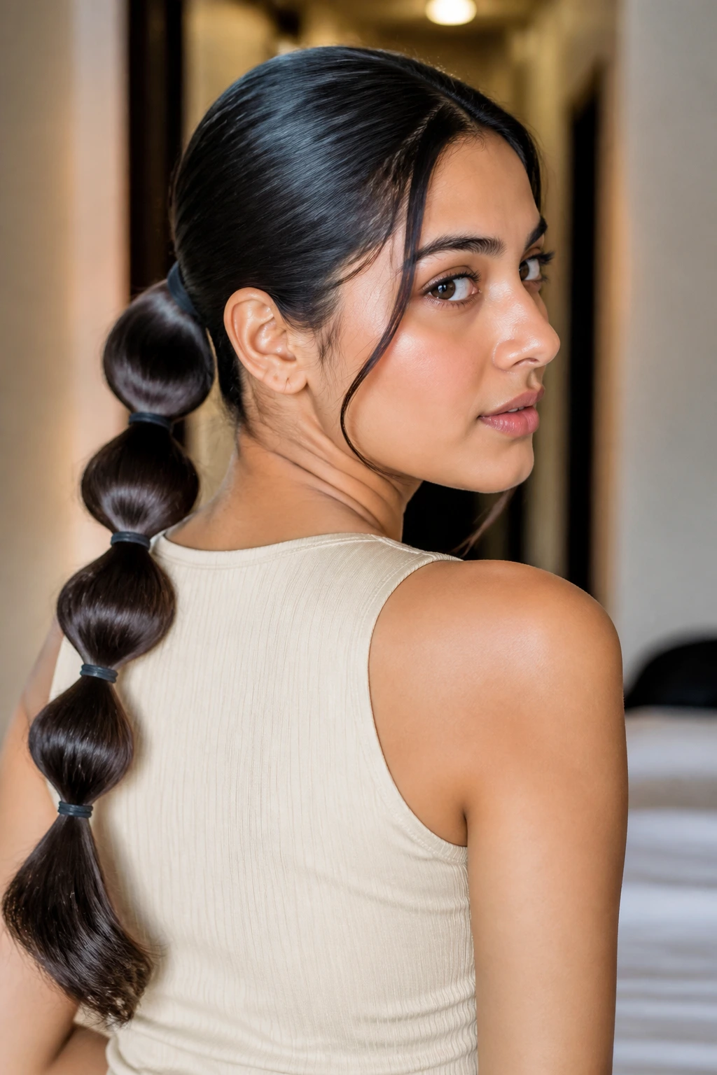 Close-up of a woman with a glossy bubble ponytail in soft indoor light