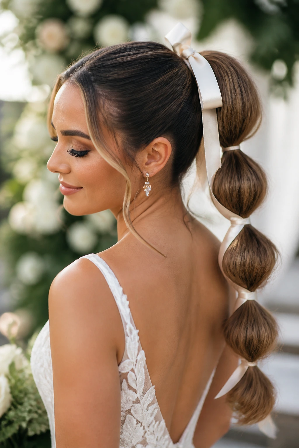 Bride with bubble ponytail and satin ribbon in garden daylight.