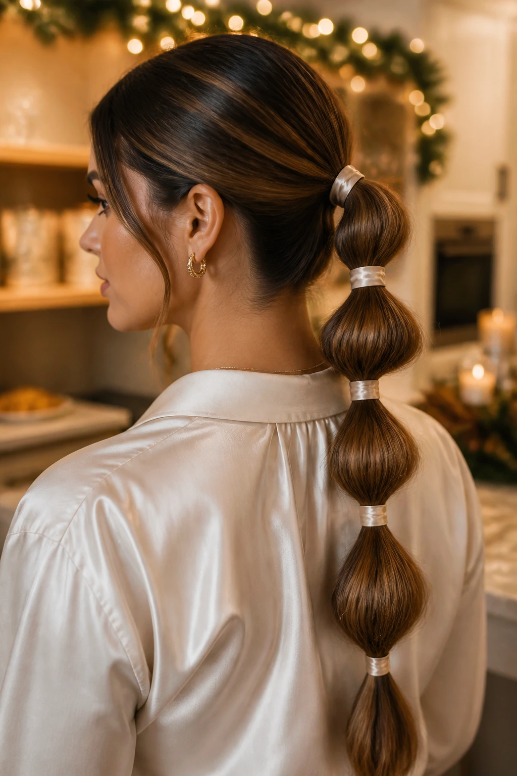 Close-up portrait of a real woman with a bubble ponytail and satin ties in a holiday setting