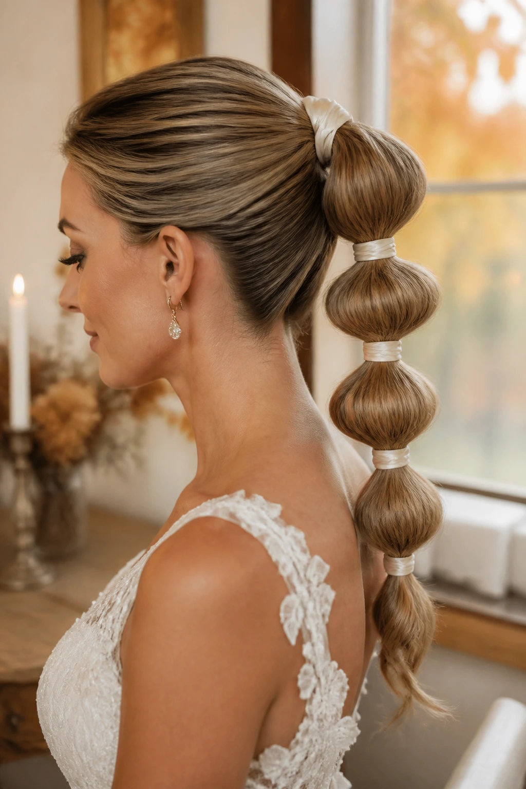 Bride with bubble ponytail and satin ties in bridal prep room