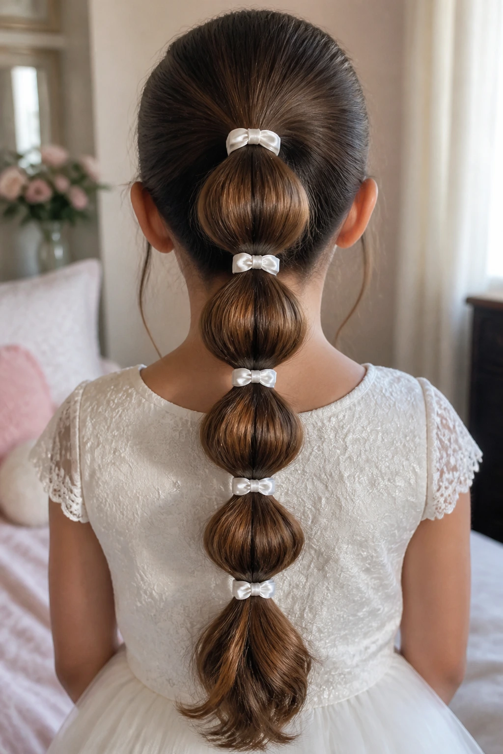 Back view of a real girl showing a bubble ponytail with satin ties