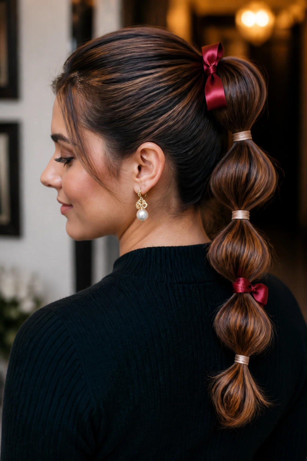 Close-up of a woman with a bubble ponytail and satin ties