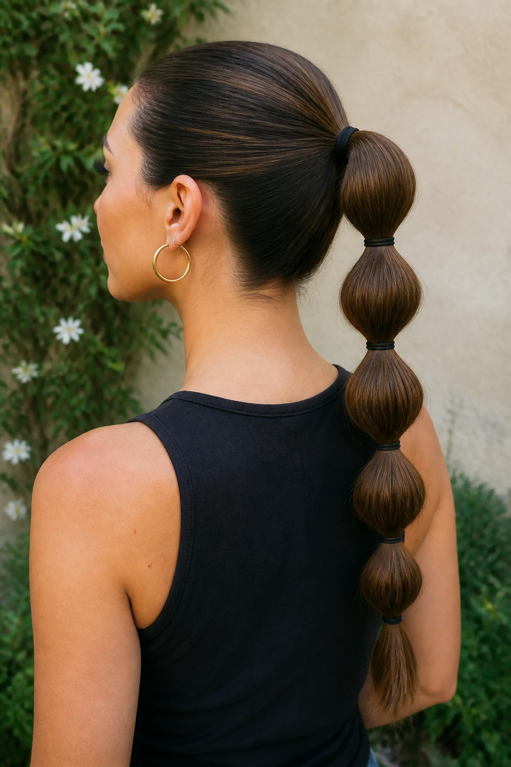 Close-up of a bubble ponytail with visible elastic segments
