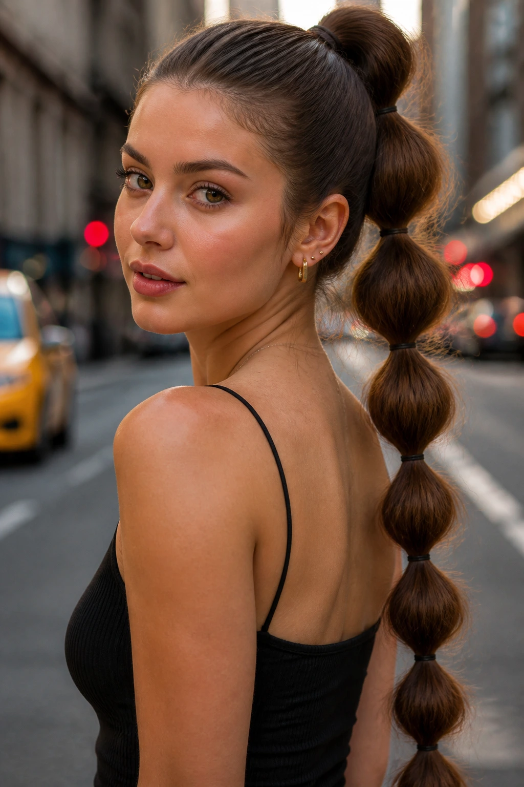 Real woman with bubble ponytail showing segmented bubbles