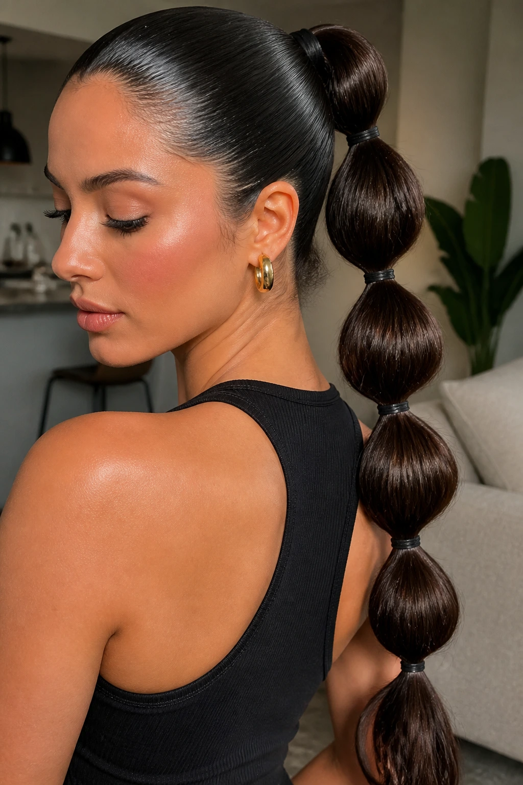 Close-up of a real woman with bubble ponytail and glossy shine
