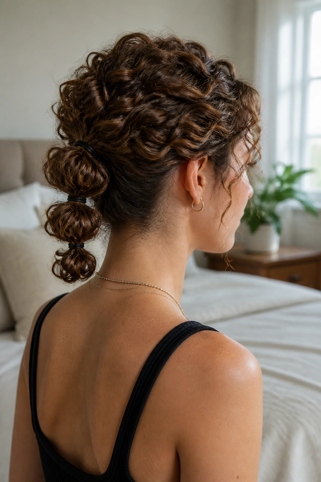 Close-up of real woman with short curly bubble ponytail with elastic segments.