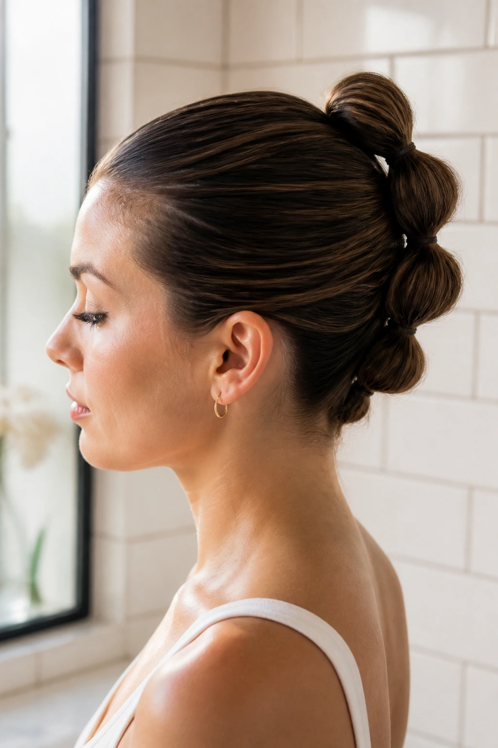 Close-up of a real woman with a bubble ponytail updo on short hair
