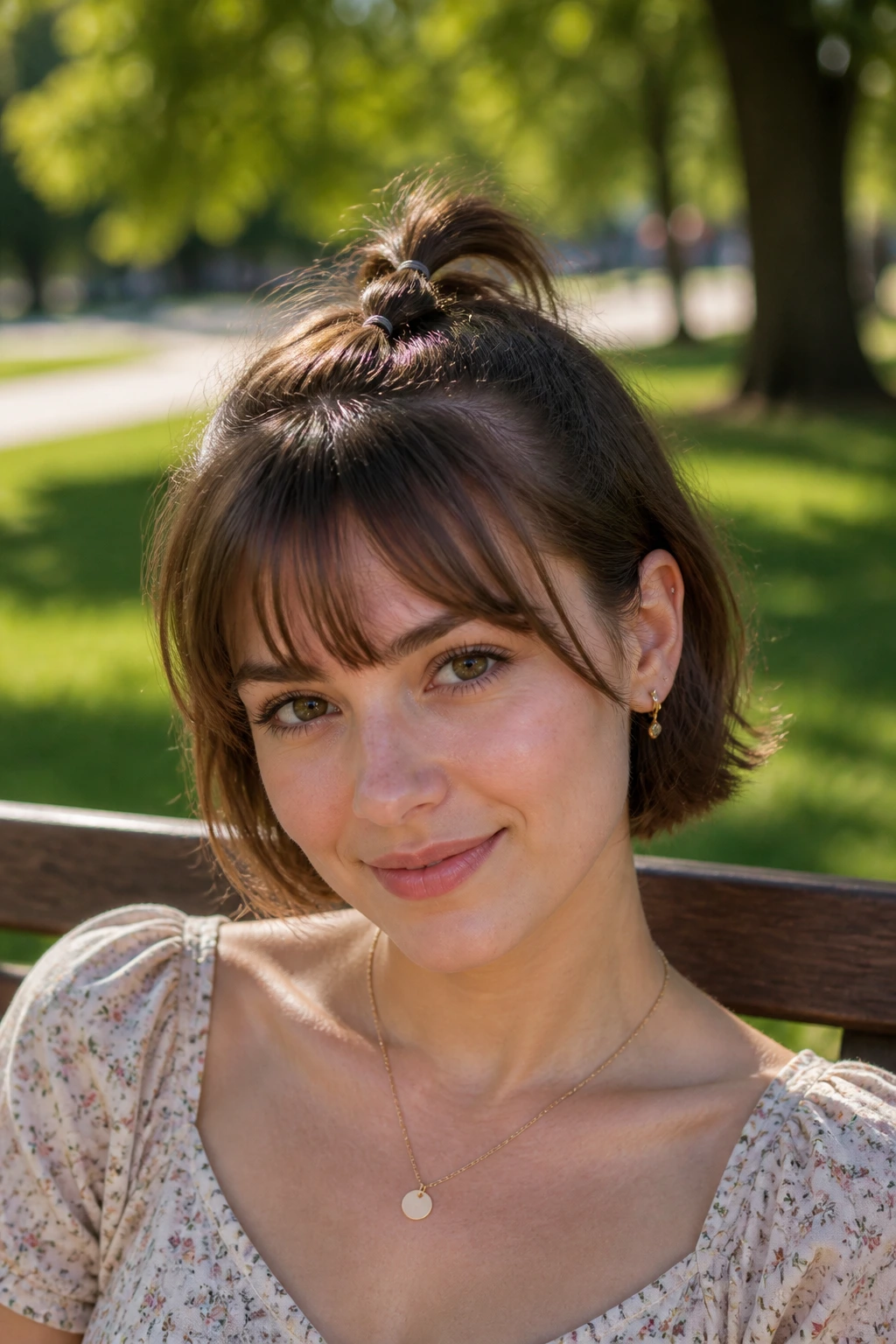 Portrait of a woman with a mini bubble ponytail on short hair outdoors in sun