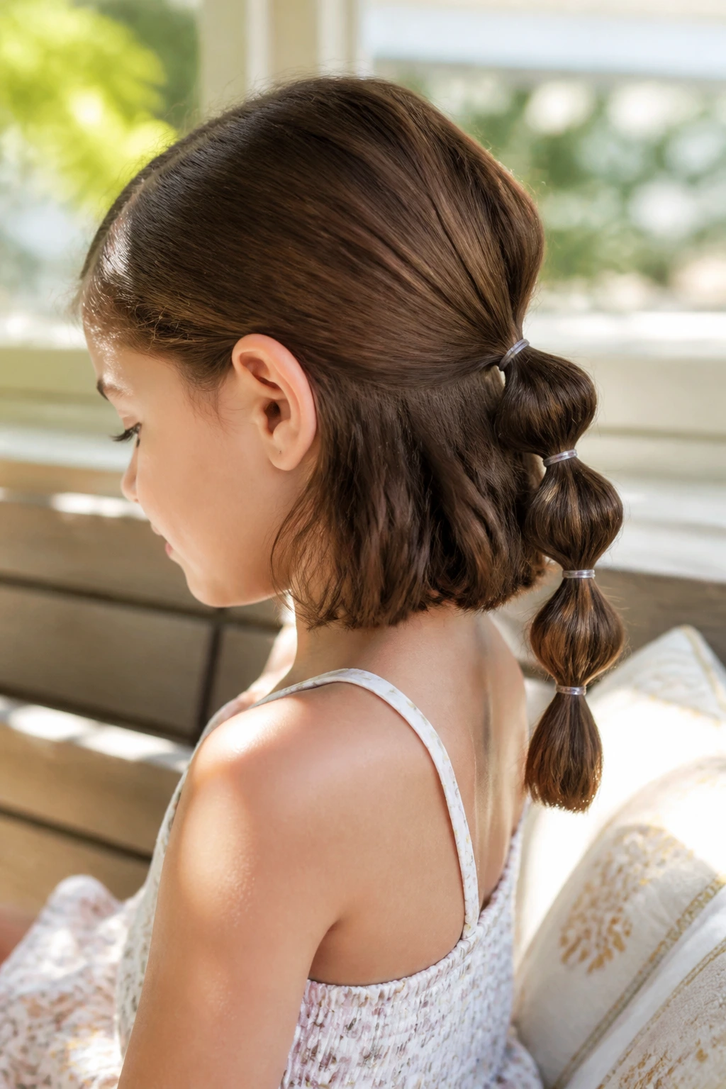 Close-up of a girl with a bubble ponytail on a short lob