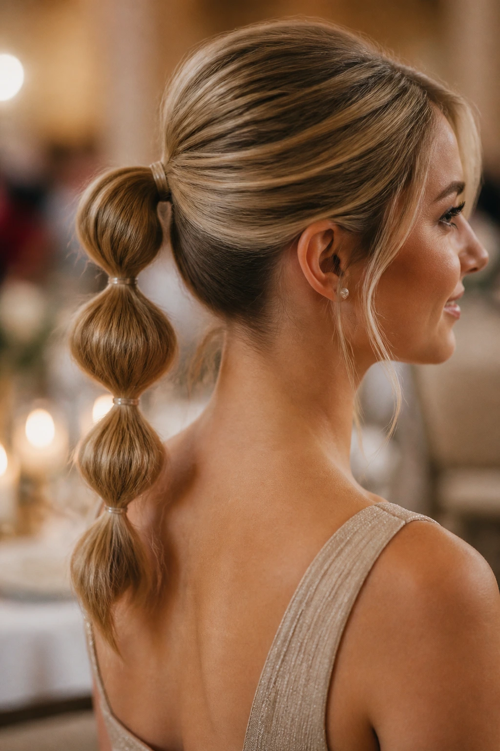 Close-up of a real woman with a bubble ponytail at shoulder length