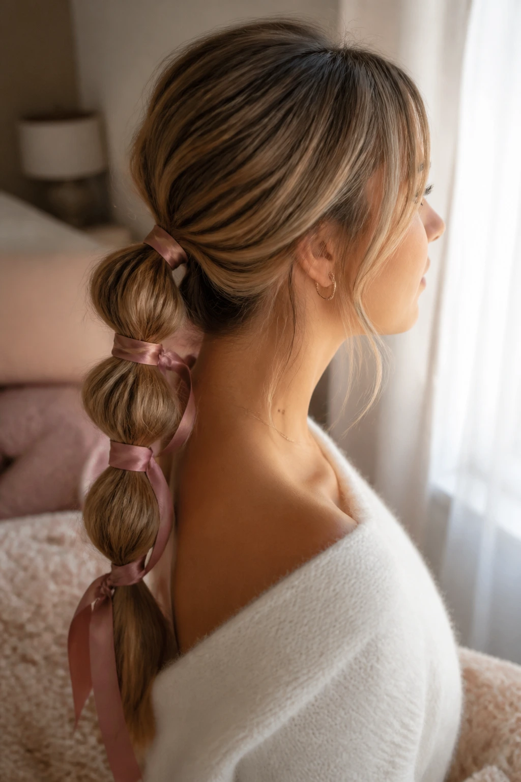 Close-up portrait of a real woman with a silk ribbon bubble ponytail in warm bedroom light