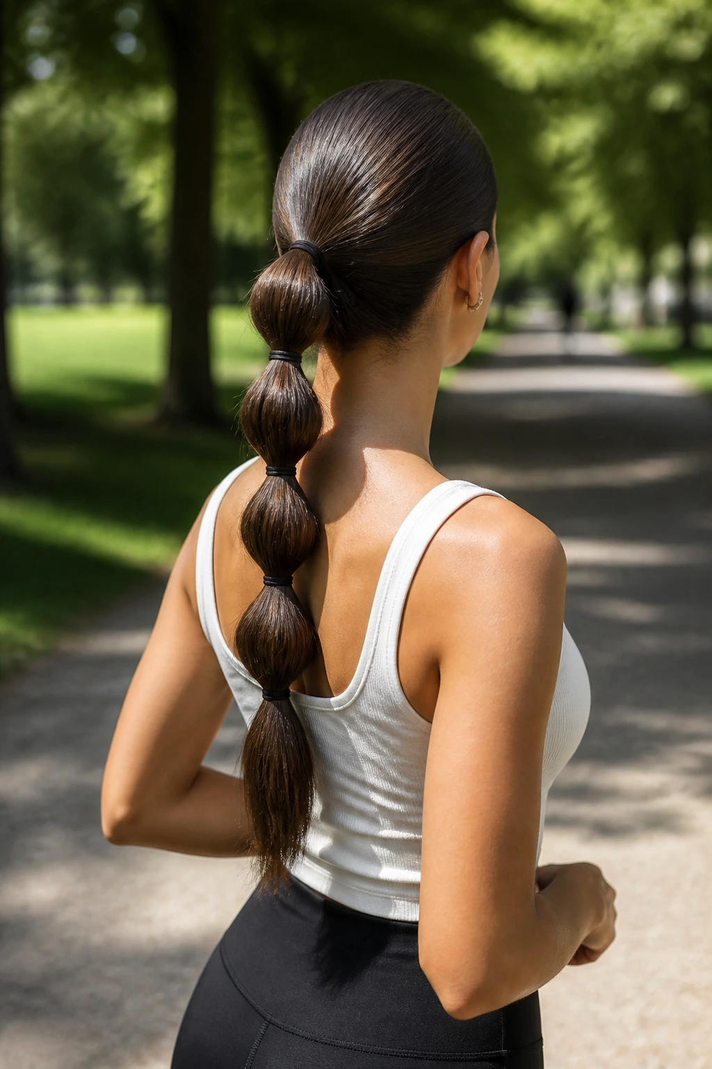 Back view of a woman showing a bubble ponytail with evenly spaced elastics on straight hair.