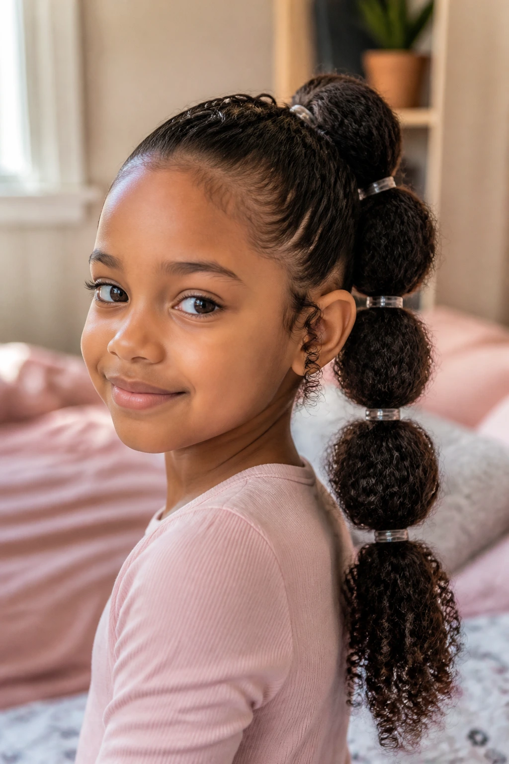Close-up of a real child with a bubble ponytail on stretched curls and visible elastic bubbles.