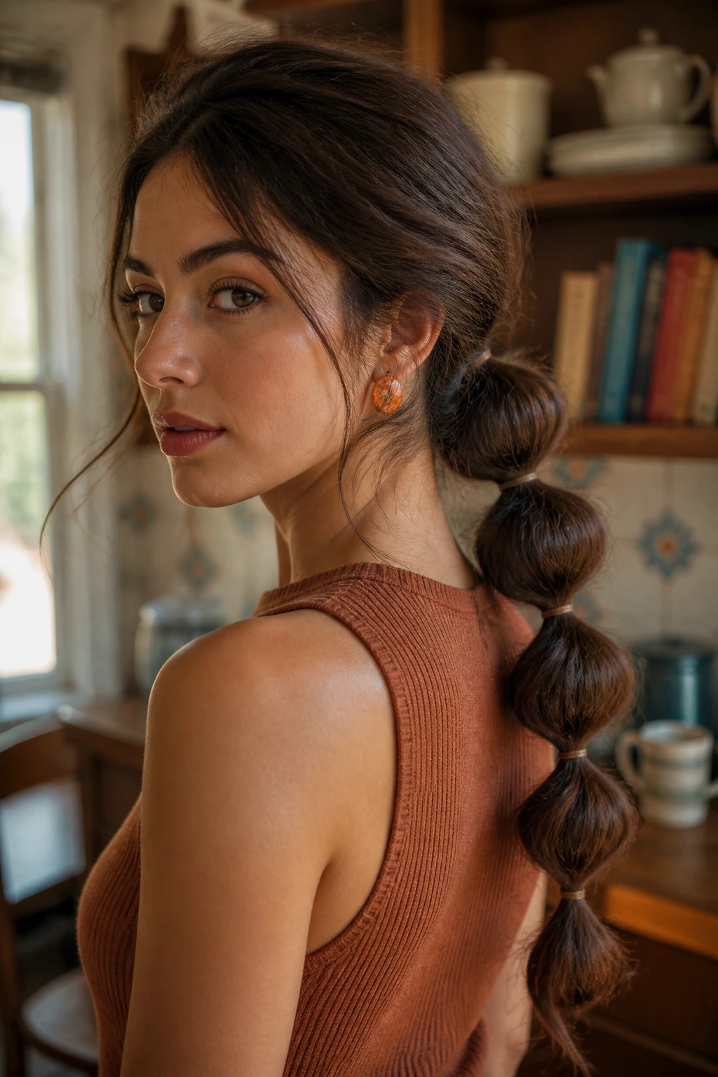 Close-up of a bubble ponytail with retro texture on a real person