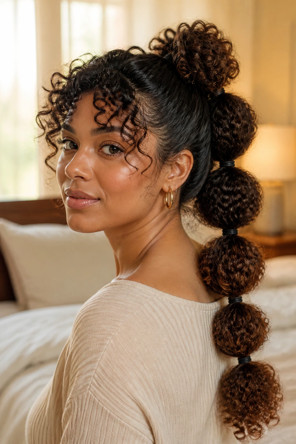 Close-up portrait of a real woman with a bubble ponytail for thick curls, high ponytail with bubble elastics