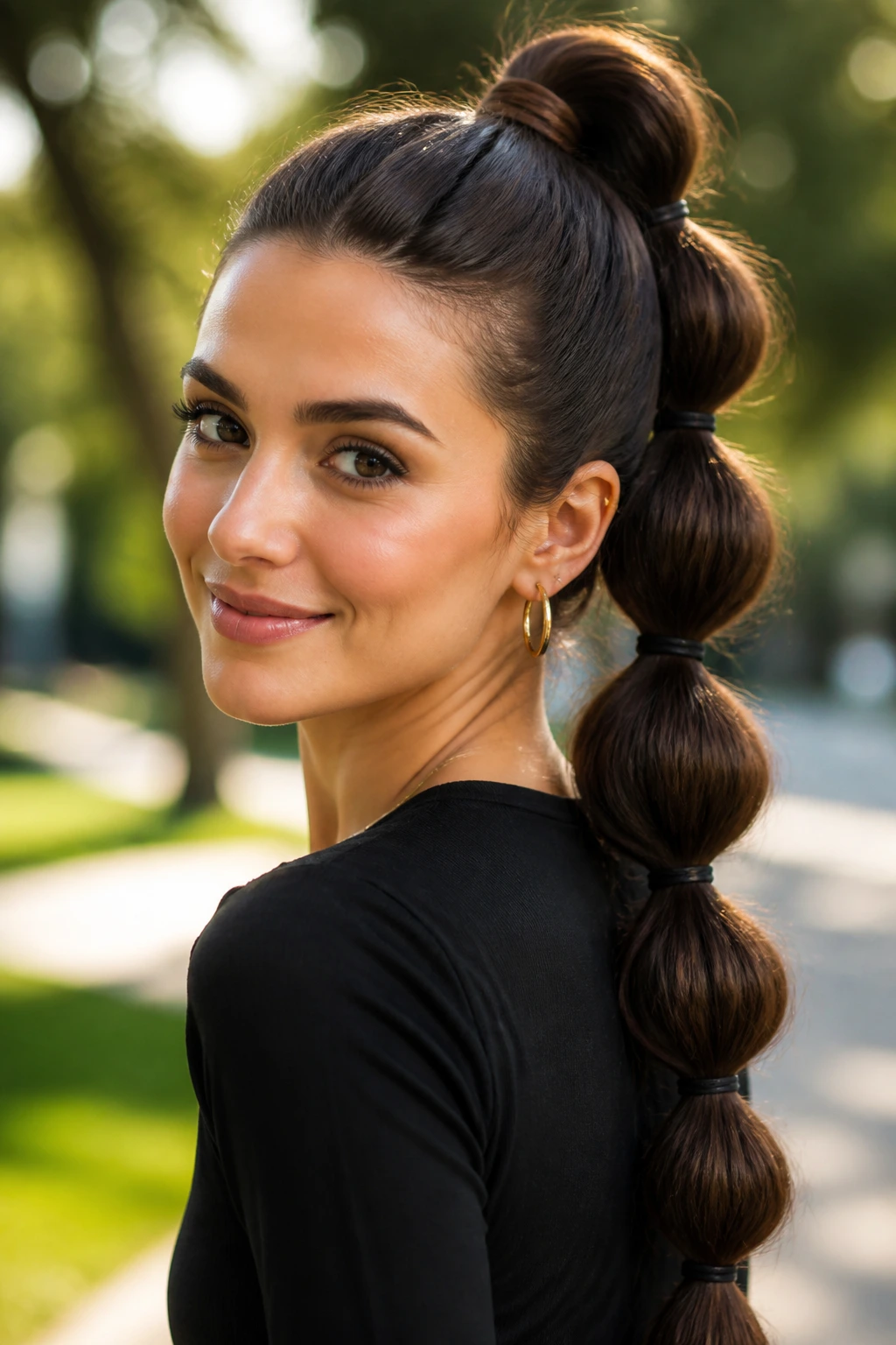 Real person with a bubble ponytail showing segmented bubbles along the ponytail