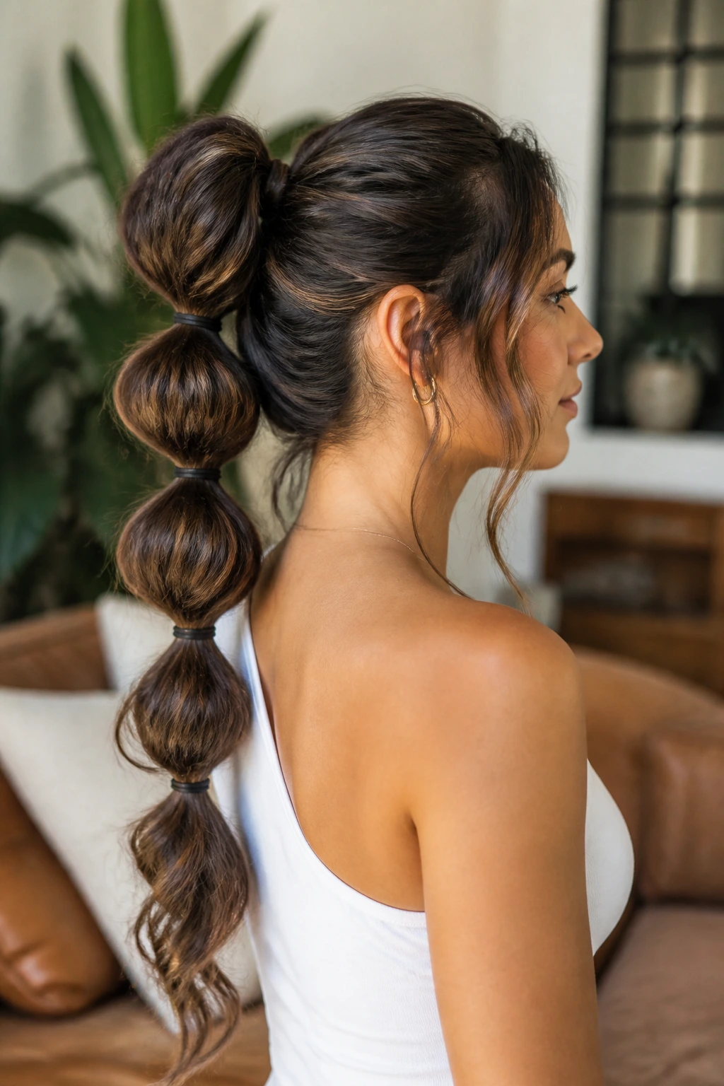 Profile of a real woman with a bubble ponytail on thick wavy hair