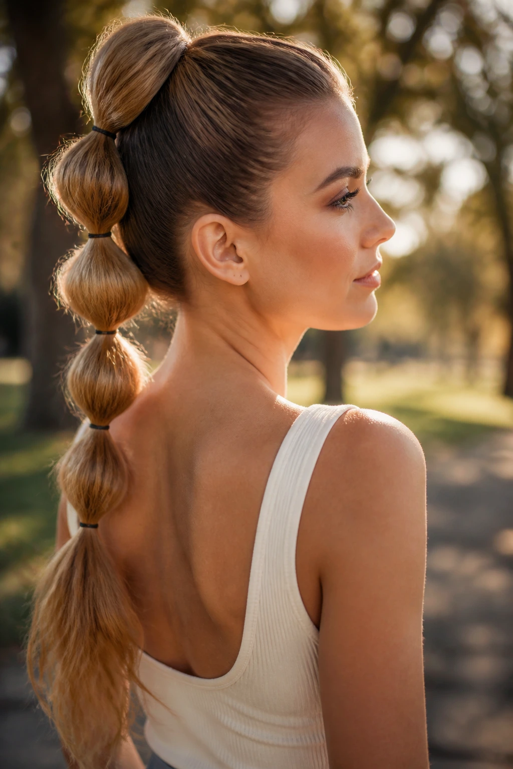 Real woman with a bubble ponytail updo showing evenly spaced bubbles