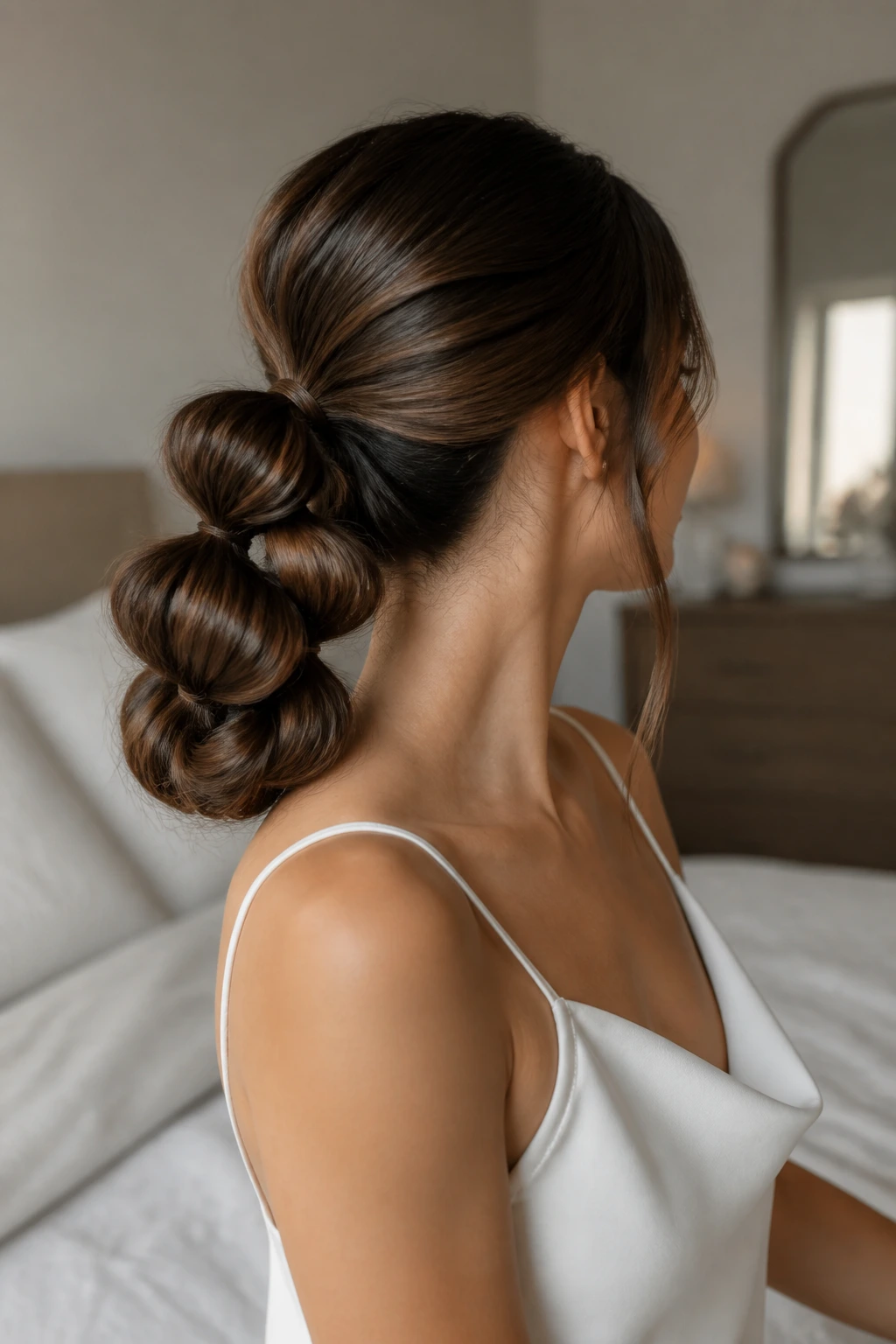Close-up portrait of a real woman with bubble ponytail sections forming a low updo