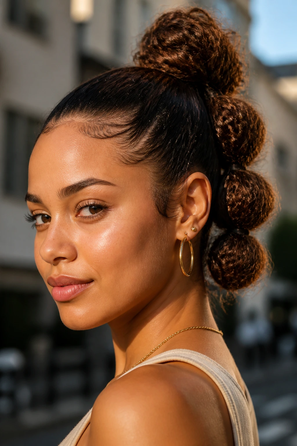 Close-up of a real woman with a bubble ponytail updo